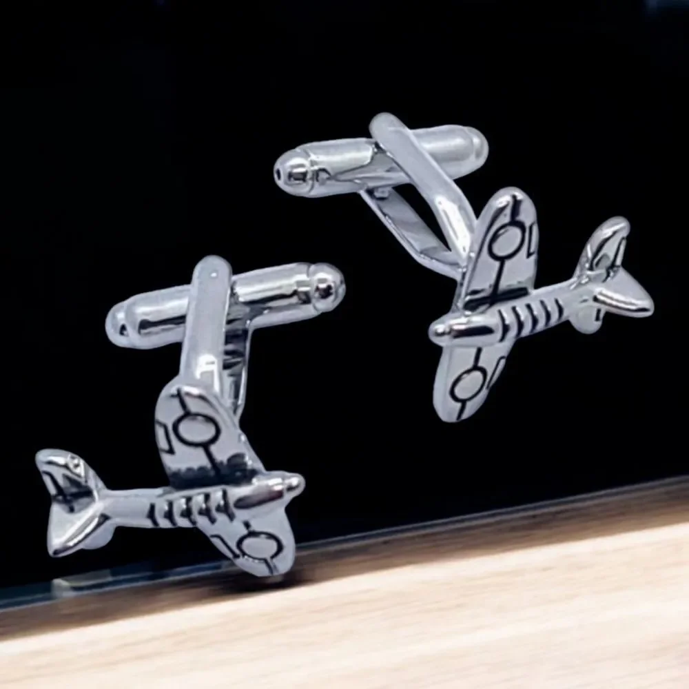 Men's Airplane Silver Cufflinks Tuxedo Formal Shaped Cuff Links Aviation Pilot